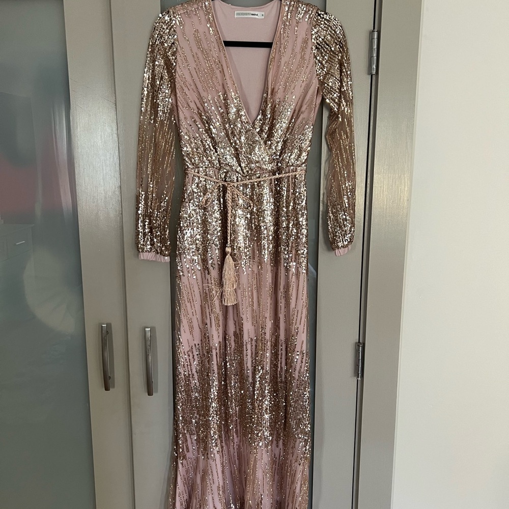 Elegant Sequin Long Sleeve Dress - Pink and Gold